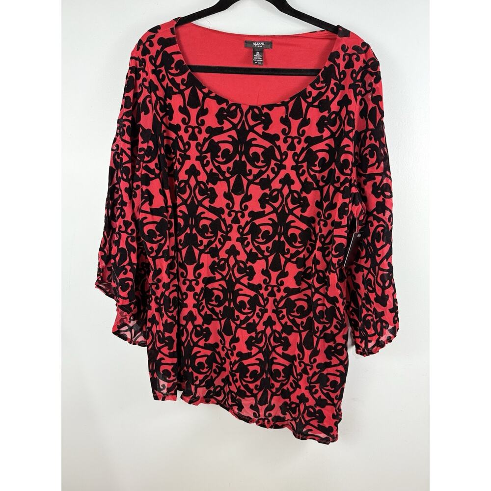 Alfani‎ Mesh Velvet Burnout Red Black Top Asymmetric Size 3x NEW Holiday Evening